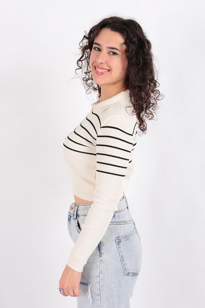 HDS Hadise Hadise 4084 Polo Neck Striped Crop Sweater