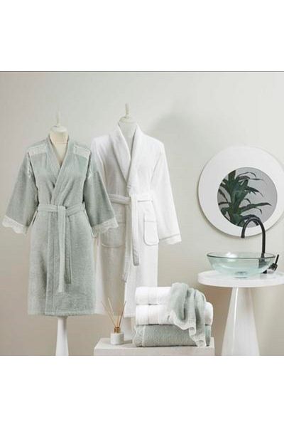 Taç Taç Elenor Pure Cotton Cotton Family Bathrobe Set Green White