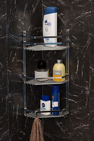 Teknotel Üç Katlı Kancalı Banyo Köşe Rafı Krom Es076h