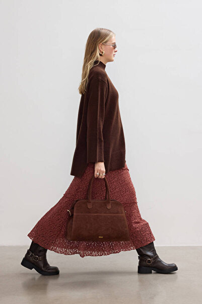 BE BLUE Suede Tote Bag with Brown Belt