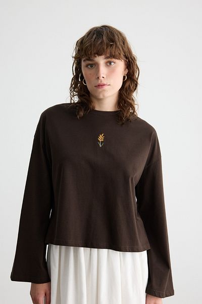 BE BLUE Brown Long Sleeve Embroidered T-Shirt