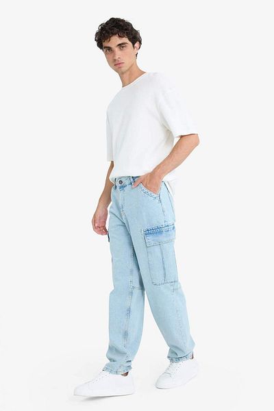 DeFacto 100% Cotton Relax Fit Relaxed Cut Straight Leg Cargo Pocket Jean Washed Trousers F2381Ax25Sp