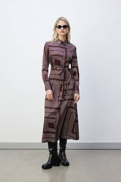 BE BLUE Red Coffee Minimal Patterned Shirt Dress