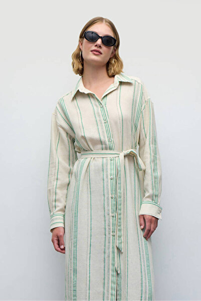 BE BLUE Μακρύ πράσινο ριγέ πουκάμισο