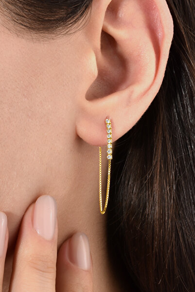 jelux silver Gümüş 925 Ayar Su Yolu Asansör Model Zirkon Taşlı Gold Küpe