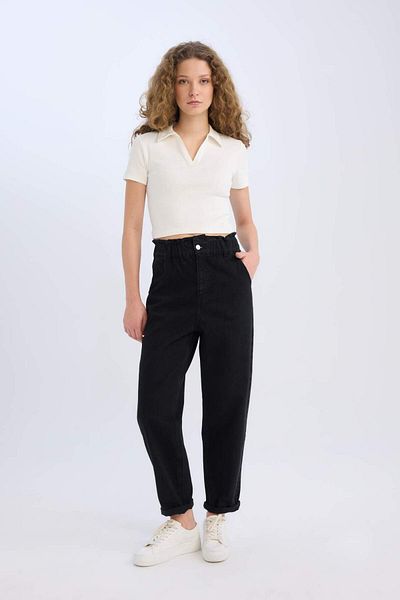 DeFacto Fitted Polo Neck Basic Plain Ribbed Camisole Short Sleeve T-Shirt A0379Ax25Sm