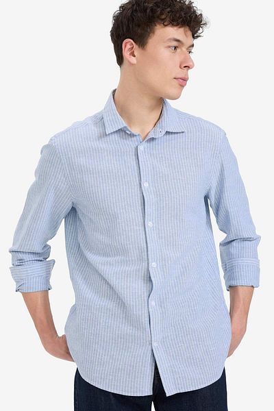 DeFacto Regular Fit Polo Collar Striped Linen Summer Long Sleeve Shirt E1730Ax25Sp
