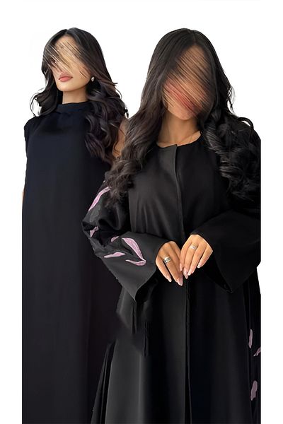 outline Black abaya package made of Lemar fabric with floral embroidery and a dress underneath the abaya
