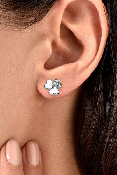 jelux silver Gümüş 925 Ayar Üç Kalpli Yonca Zirkon Taşlı Çivili Küpe