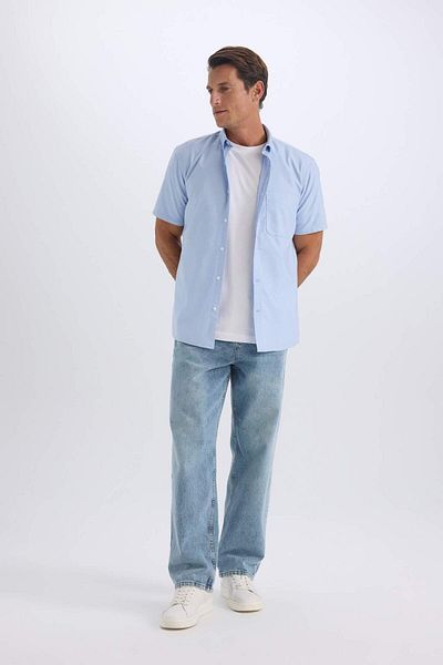 DeFacto 100% Cotton Regular Fit Polo Neck Oxford Summer Short Sleeve Shirt D7419Ax25Sm