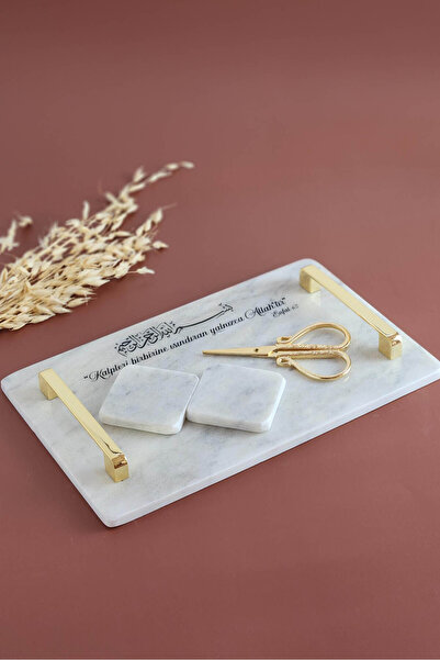 ioadesign Enfal - Gerçek İnce Mermer Söz/nişan Tepsisi (32X20 CM) Makas 2 Adet Çıkarılabilir Yüzüklük