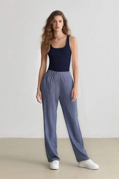 DeFacto Cool Wide Leg Checked Regular Waist Wide Leg Trousers E6121Ax25Sp