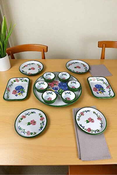 İnci Emaye Medium Size Patterned Enamel Breakfast Set for 4 People, Presentation Plate, Breakfast Plate, Jam Bowl, Olives, Cheese Plate