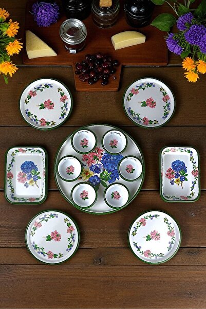 İnci Emaye Medium Size Patterned Enamel Breakfast Set for 4 People, Presentation Plate, Breakfast Plate, Jam Bowl, Olives, Cheese Plate