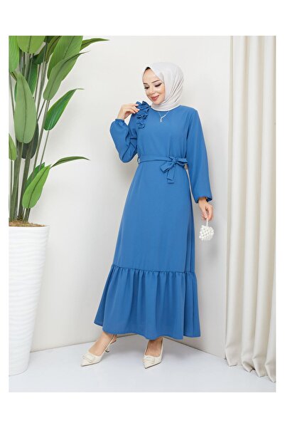 VELLICHOR Φόρεμα Crepe Fabric Shoulder Ruffle Μπλε