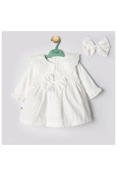 Babyhola 0-12 Months 100% Cotton Baby Girl Scalloped Holiday Dress Set with Headband Ecru 22457