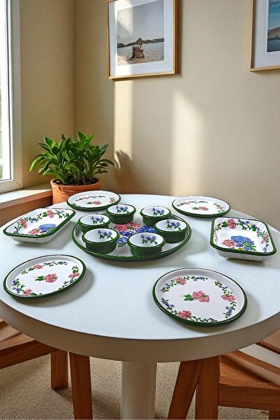İnci Emaye Medium Size Patterned Enamel Breakfast Set for 4 People, Presentation Plate, Breakfast Plate, Jam Bowl, Olives, Cheese Plate