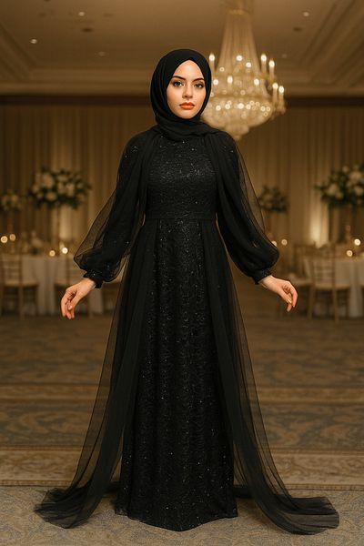 Neva Style Βραδινό φόρεμα Cape Black Hijab 55190s