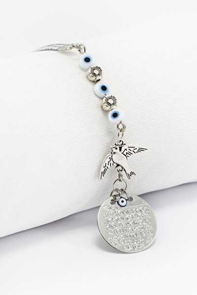 biuti Metal Kuş Çiçek Beyaz Nazar Boncuklu Araba Dikiz Ayna Süsü, Ayetel Kürsi Yeni Araba Hediyesi