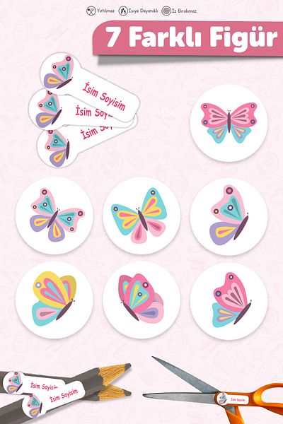 MSticker ملصق مدرسي على شكل قلم ودفتر ملاحظات على شكل فراشة، اسم مخصص قابل للكتابة - 190 قطعة