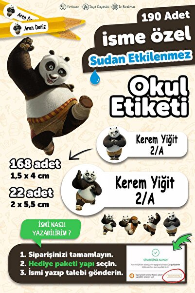 MSticker Okul Etiketi Kalem Defter isimli Etiket Isim Yazılabilen Kungfu Pand...