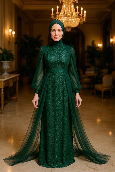 Neva Style Зелена вечерна рокля с хиджаб и наметало 55190y