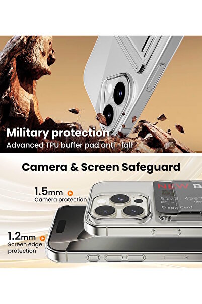 m.tk moveteck iPhone 16e Kılıf Köşe Korumalı Kartlıklı Cüzdanlı Antişok Şeffaf Silikon Arkası Bölmeli QR Kapak