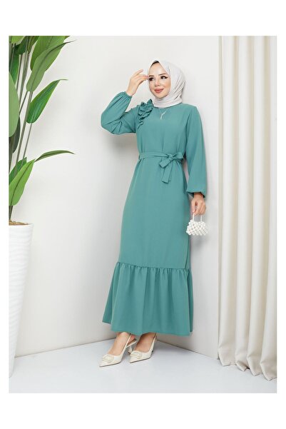 VELLICHOR Φόρεμα Crepe Fabric Shoulder Ruffle Πράσινο