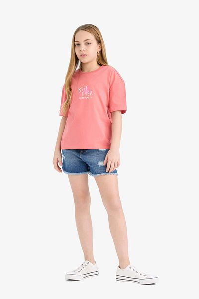 DeFacto Girl's Relax Fit Crew Neck Back Printed Short Sleeve T-Shirt E0387A825Sm