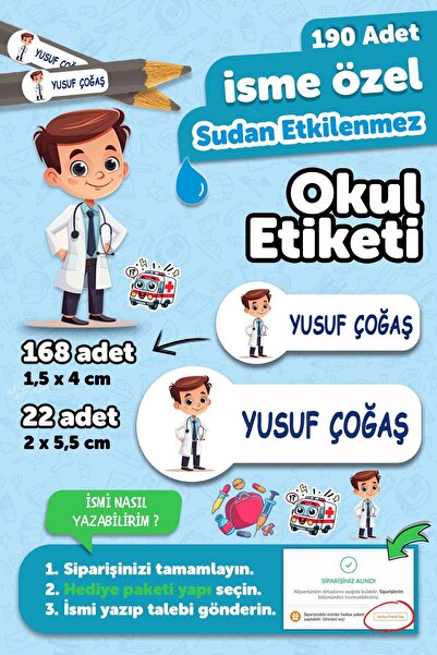 MSticker Okul Etiketi Kalem Defter isimli Etiket Isim Yazılabilen Doktor Tema...