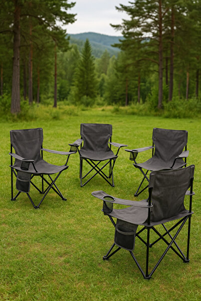 Roza's Home 4 Adet Katlanır Rejisörlü Cepli Kamp Sandalyesi Taşıma Çantalı Bi...