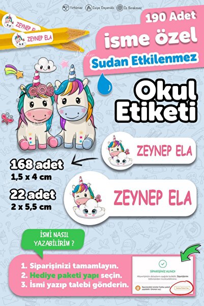 MSticker Okul Etiketi Kalem Defter isimli Etiket Isim Yazılabilen Unicorn Tem...