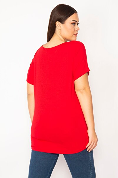 Şans Women's Large Size Red One-Shoulder Blouse with Glitter Detail on the Collar 65n29510