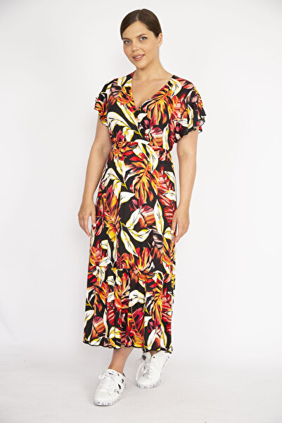 Şans Women's Plus Size Colorful Wrap Collar Long Dress 65N37262