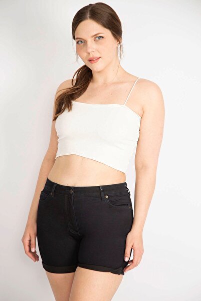 Şans Women's Black Large Size Double Leg Lycra Skinny Denim Shorts 65n36391