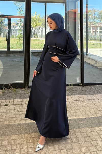 Tesettür Diyarı Women's Baguette Stone Satin Evening Dress with Sleeves and Waist