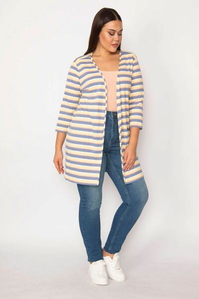 Şans Women's Large Size Indigo Cotton Fabric Striped Cardigan 65n29655