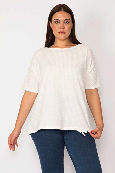 Şans Women's Large Size Bone Front Glittery Nope Pattern Lace Detailed Crew Neck Blouse 65n29112