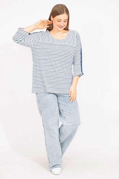 Şans Γυναικεία Saks Μεγάλο Μέγεθος Βαμβακερή Ύφασμα Συνδυασμένη Μπλούζα 65n35572