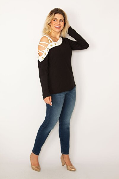 Şans Γυναικεία Δίχρωμη Λεπτομερής Δίχρωμη Μπλούζα Μαύρο Μεγάλο Μέγεθος 65n36711