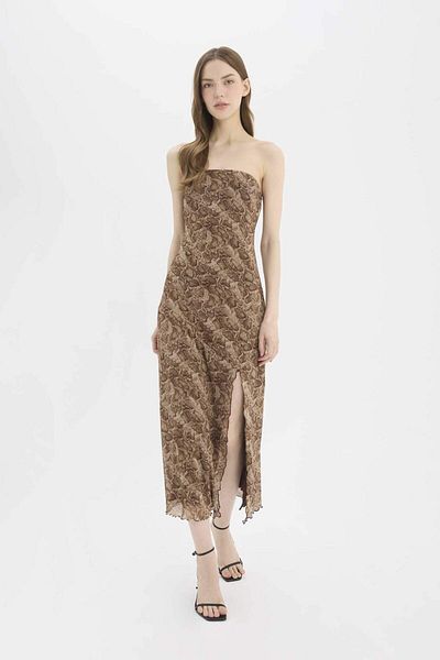 DeFacto A-Line Strapless Animal Print Tulle Sleeveless Maxi Dress E0485Ax25Sm