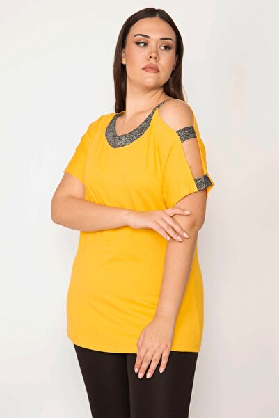 Şans Women's Large Size Yellow Blouse with One Shoulder and Glitter Detail on the Collar 65n29510