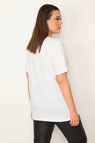 Şans Bluză de damă, mărime mare, albă, cu imprimeu cu piatră și linie, cu fermoar lateral, cu fantă laterală 65n32526