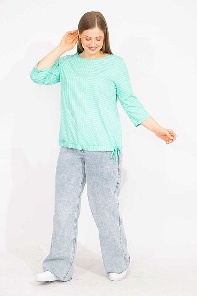Şans Women's Green Plus Size Cotton Fabric Stripe Combination Blouse 65n35571