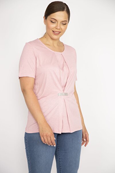 Şans Women's Salmon Plus Size Front Detailed Blouse 65n36578