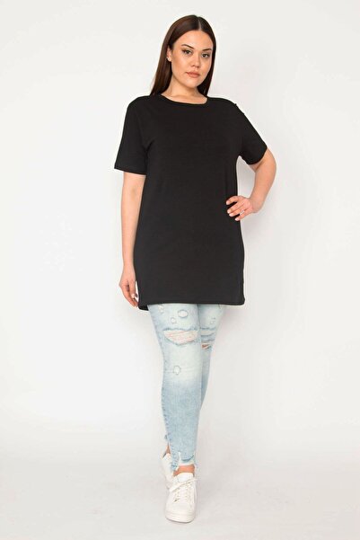 Şans Women's Black Large Size Bicycle Collar Short Sleeve Oversize Blouse 65n...