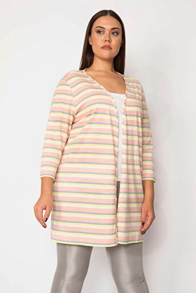 Şans Women's Large Size Pink Cotton Fabric Striped Cardigan 65n29664