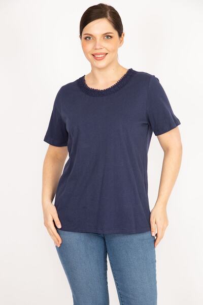 Şans Women's Navy Blue Large Size Cotton Fabric Collar Lace Blouse 65n36079