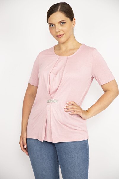 Şans Women's Salmon Plus Size Front Detailed Blouse 65n36578