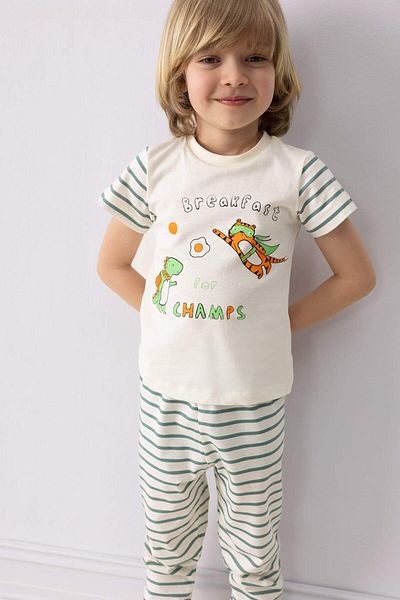 DeFacto Set pijamale pentru bebelusi cu maneci imprimate Top cu fund lung cu dungi E0757A525SM